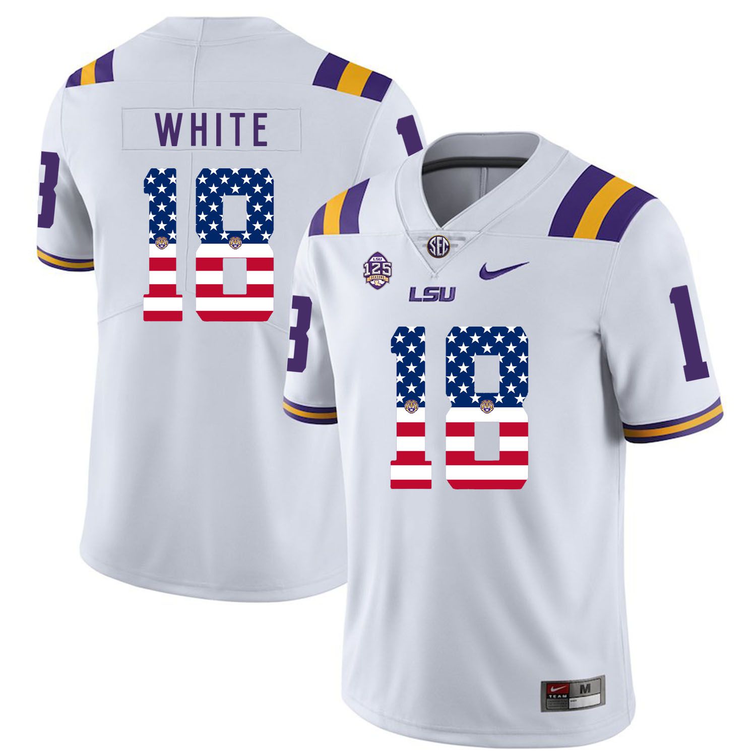 Men LSU Tigers #18 White White Flag Customized NCAA Jerseys